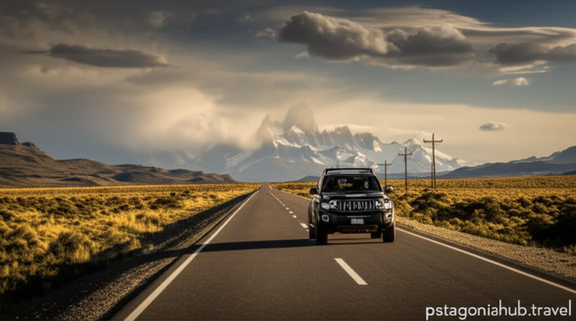 Modern SUV driving on scenic Patagonian highway with Torres del Paine peaks in the distance under dramatic clouds