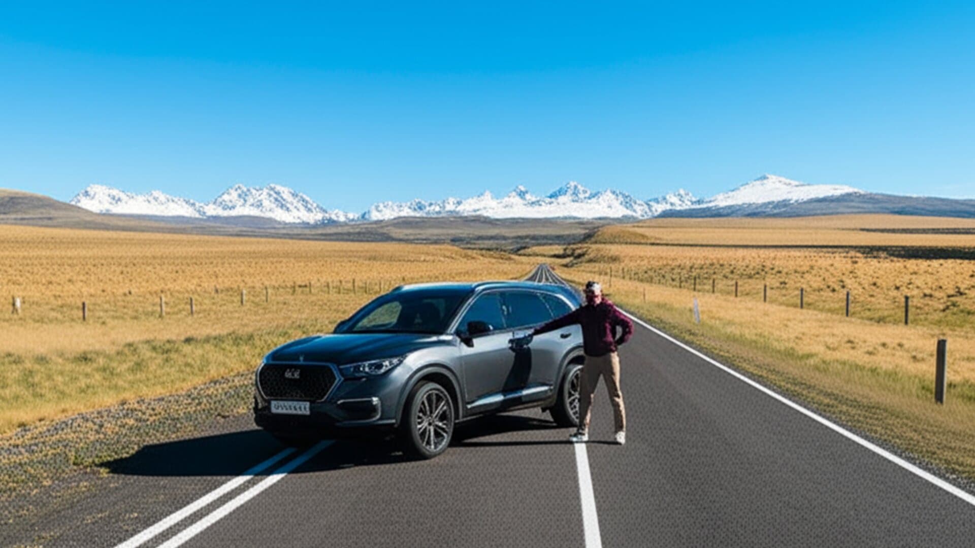 Scenic winding road through Patagonian landscape with dramatic mountains and safe driving conditions