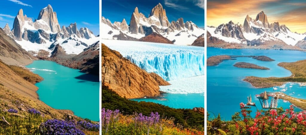 Split view comparing Torres del Paine and Los Glaciares landscapes in Patagonia